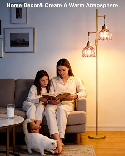 Image of 2-Light Modern Glass Floor Lamp, Gold Tall Standing Lamp with Deep Red Flower Glass Shade for Reading, Dimmable LED Floor Lamp with 5Lbs Heavy Base for Living Room Bedroom Home Decor, Bulb Included