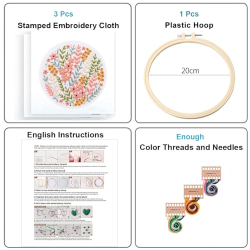 Image of Konrisa Blossoms Embroidery Kit for Adults Beginners, Floral Stamped Embroidery Starter Kit DIY Sewing Practice, Needlepoint Cross Stitch Set of 3