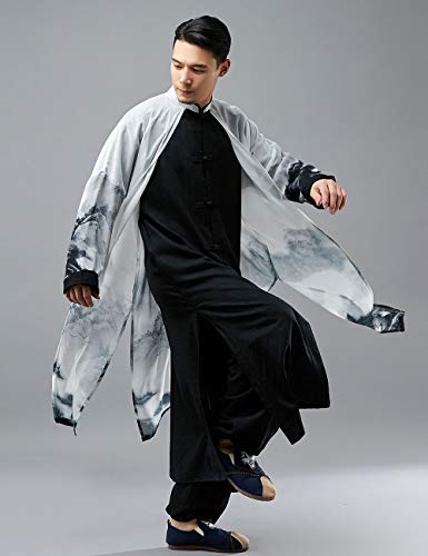LUZU JUNU Men's Trench Coat Long Printed Tang Suit Kung Fu Cotton Linen Robe Chinese Style Fake Two Piece Jackets4