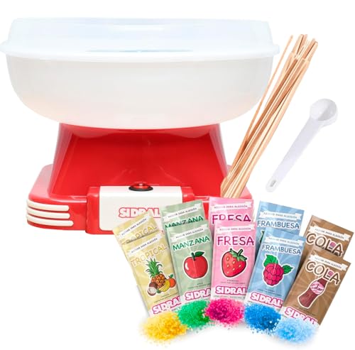 SIDRAL Máquina de Algodón de Azúcar en Casa – Con 10 palos de madera, Cuchara medidora +10 Monodosis de Azúcar de sabores, Fácil Uso para Adultos