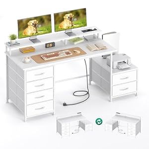 CAIYUN Bureau réversible avec 6 tiroirs et Support d'imprimante, 132 x 48 cm, Bureau d'ordinateur réversible avec Support d'écran et Prises, Bureau pour Le Bureau à Domicile, Blanc