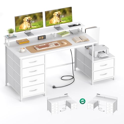CAIYUN 132 x 48cm Schreibtisch mit 6 Schubladen und Druckerständer, umkehrbarer Computertisch mit Monitorständer und Steckdosen, Schreibtische für das Homeoffice, Weiß