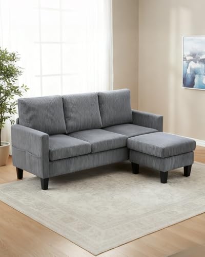 Karl home Small Sectional Couch L Shaped Sofa with Movable Storage Ottoman Corduroy Upholostered Sofa Chaise with Side Pockets for Living Room, Apartment, Studio, Gray