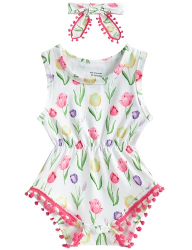 Image of UNICOMIDEA Baby Girls Outfit Newborn Romper Jumpsuits Sleeveless One-Piece Clothes 0-24 Months Bodysuit with Headband