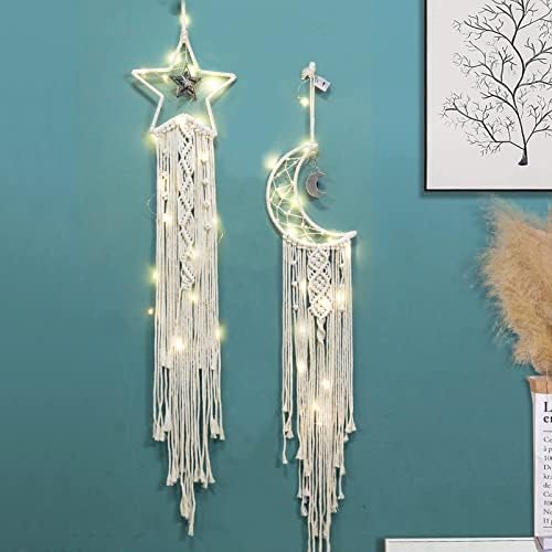 Dream Catcher, Aesthetic Room Decor for Teen Girls, Handmade Moon and Star Dream Catchers with Lights, Bohemian Macrame Cotton Woven Wall Hanging for Home Dorm Decorations Ornament Craft Gift (2 PCS)