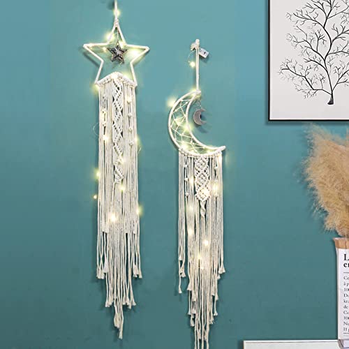 Dream Catcher, Aesthetic Room Decor For Teen Girls, Handmade Moon And Star Dream Catchers With Lights, Bohemian Macrame Cotton Woven Wall Hanging For Home Dorm Decorations Ornament Craft Gift (2 Pcs) #TOP2
