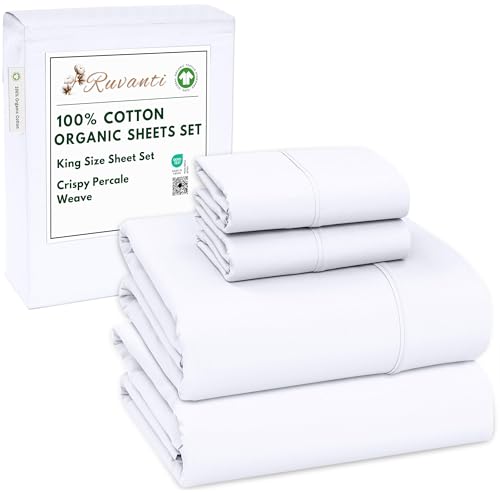 RUVANTI 100% Cotton Organic Percale Sheets King Size – Crisp Cooling Bed Sheets for Hot Sleepers, Deep Pocket 15”, Soft Peach Finish, Breathable & Durable Hotel-Style 4 Pcs, Bright White