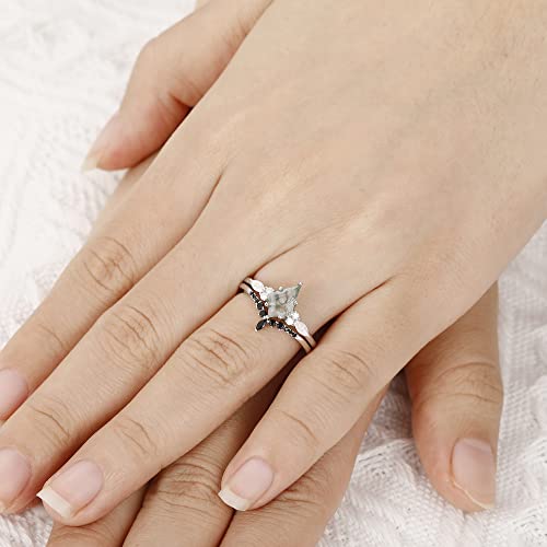 Irroya Genuine Colorless Moissanite Ring Set - 6X9Mm Kite Cut Natural Moss Agate Wedding Sets - 925 Silver Bridal Sets - Created Black Spinel V Shaped Wedding Band - Platinum Plated Sterling Silver Rings - Art Deco Promise Rings For Her - Gifts For Women - Retro Gemstone Statement Ring (9) #TOP4