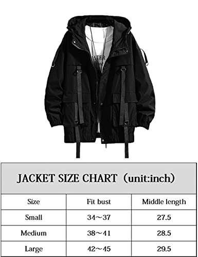 Nutriangee Mens Hip Hop Streetwear Windbreaker Jacket Lightweight Hooded Casual Outdoor Bomber With Ribbons Coat 01 Black Medium #TOP5