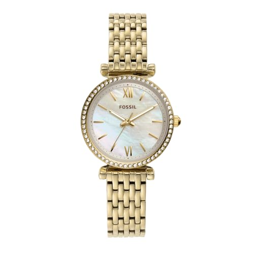 Fossil Damenuhr Carlie Mini, Quarzwerk, 28mm Gold Edelstahlgehäuse mit Edelstahlarmband, ES4735