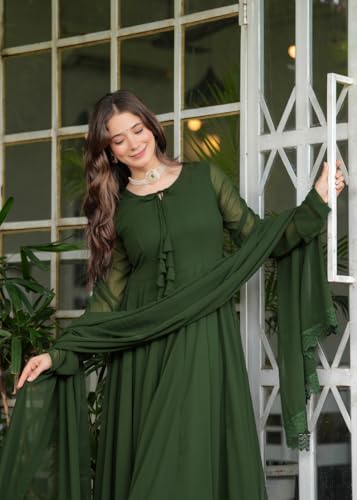Image of Olive Green Flared Anarkali Dress with Lace Detailing Suit Set