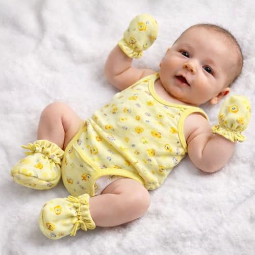Image of KmCho Soft & Comfy New born Baby Mittens, Jhabla, Nappy, Cap Combo Set - 100% Cotton, Gentle on Newborn Skin, Unisex, Must-Have Baby Essentials for 0-6 Months