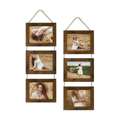 ccdcc 5x7 Collage Picture Frames Set of 2, Rustic Wooden Real Glass Horizontal Hanging 3 Opening 5 by 7 Photo Frame, Distressed Brown