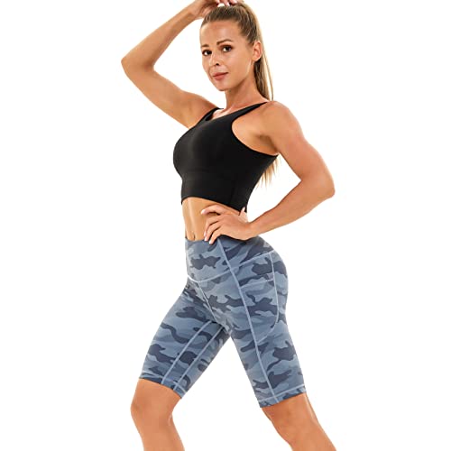 Ccko High Waist Biker Shorts For Women; Workout Yoga Shorts With Pockets; Spandex Athletic Leggings Shorts For Gym, Running, Camo Grey Blue, Large #TOP5