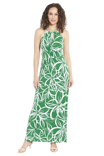 London Times Women's Halter Neckline Signature Morris Maxi Dress Vacation Occasion Event Guest of, Linear Floral-Golf Green/Soft White, 6