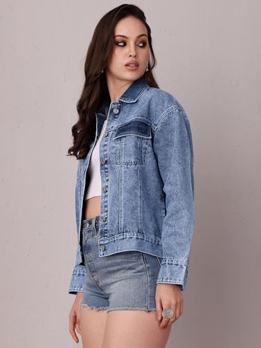 Image of Miss Chase Women's Polo Neck Full Sleeves Patch Pocket Denim Overcoat Knee-Length Jacket