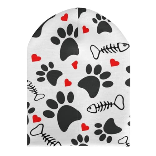 Trace Doodle Paw of Cat Prints Kids Beanie Hat for for Girls Boys Children Cap Winter Knitted Chemo Cancer Headwear Accessories Gifts Decoration Black3