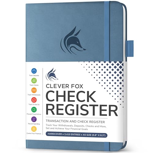 Clever Fox Check Register Book - Deluxe Transaction Register, Accounting Ledger Book, Checkbook Register & Checking Account Register Book for Personal and Work Use, A5 Hardcover - Smoke Blue