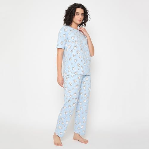 Image of CAMEY Women's Printed Pyjama Set, Short Sleeve T-Shirt and Trousers, Women Nightsuit, Loungewear Sets
