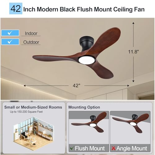 Image of 42 Inch Wood Flush Mount Ceiling Fans with Lights and Remote, Dimmable 3 Blade Wood Bedroom Ceiling Fan Outdoor Ceiling Fans for Patios Low Profile Ceiling Fan with Light for Bedroom Living Room