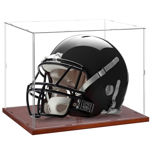 Image of Fitense Full Size Helmet Display Case High Clear Acrylic Wooden Base | 15.4x11x11.8in interior UV shielded box fits football, baseball, motorcycle and racing helmets
