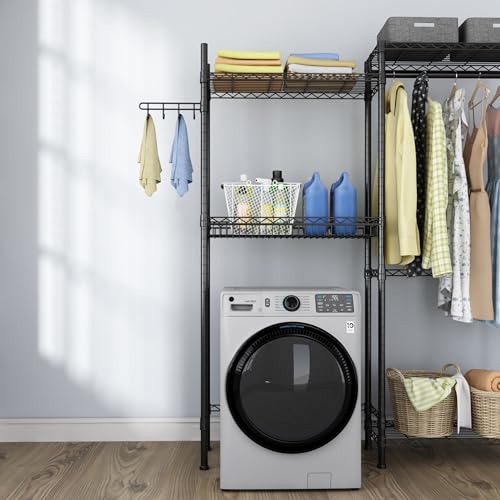 Image of Golpart Over Washer and Dryer Shelves,Laundry Room Storage Organization Clothes Drying Rack,4 Tier Adjustable Height Wire Shelving with Wire Basket,Hanger Rod&Hook,Space Saving Shelf