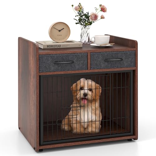 GOPLUS Mueble para Perros, Caja de Madera para Perros con 2 Cajones de Tela, Puerta Bloqueable, Caseta para Perro Interior, Mesa de Caja para Perros Resistente para Perros Pequeños y Medianos