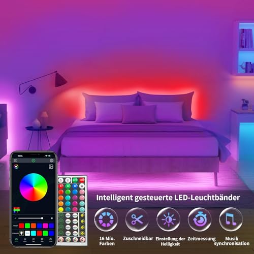 BATHEBRIGHT Led Strip 10m RGB LED Streifen mit Fernbedienung Bluetooth Musik Sync Timer-Einstellung Dimmbar Farbwechsel Led Lichterkette Lichtband Leiste Band für Zuhause Party