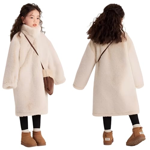 Girl's Fluffy Faux Fur Long Overcoat Button Down Stand Collar Winter Warm Outwear with Pockets4