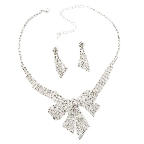 Juego de collar de lazo y pendientes para fiesta gala o boda conjunto de cristal plata Avalaya
