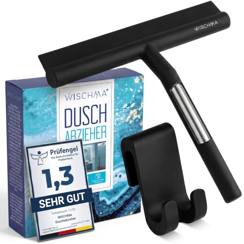 (-25%) WISCHMA Duschabzieher aus Silikon, schwarz – Abzieher für Dusche mit Halterung ohne Bohren, Edelstahl-Kern, Glasabzieher streifenfrei für Glas, Spiegel und Fliesen