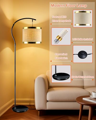 Image of Lightdot 64.9IN Black Arc Floor Lamp, Modern Floor Lamps for for Wedding /Party, Standing Lamp with Linen Shade, Tall Floor Lamp Living Room /Bedroom (Bulbs Included)