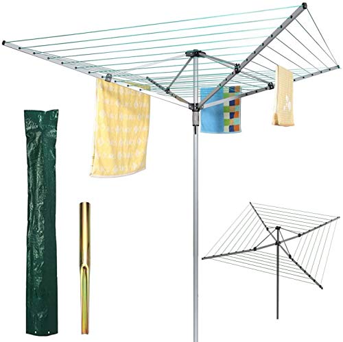Elex Trendi Outdoor Garden 4 Arm 50m folding Rotary Washing Line Whirly Clothes Airer Dryer Whirlygig with Free Ground Spike and Cover