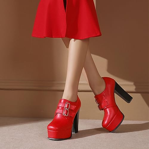 SHEMEE Women's Super High Heel Platform Pumps Block Chunky Heels Ankle Booties Buckle Pull On Dress Shoes3