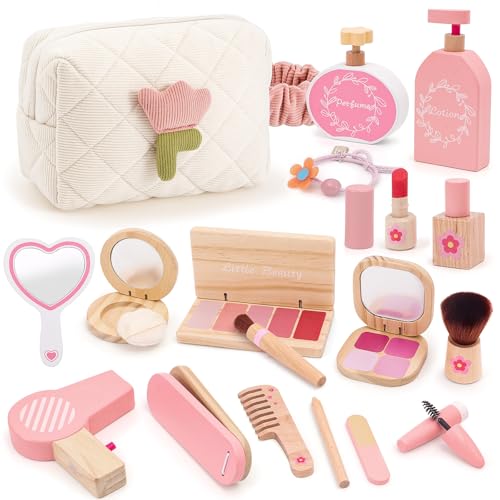 Wooden Makeup Toy Set for Girls Pretend Play Makeup Kit for Toddlers 3-5 with Bag Birthday Gifts for Girls Toys Kids Aged 3 4 5 6 7 8