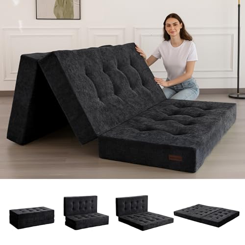 MAXYOYO Tri-Fold Mattress, 6 Inch Tufted Folding Mattress with Chenille Fabric, Portable Queen Size Floor Guest Mat for Adults, Foldable Topper for Camping, Black