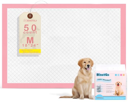 BinetGo Pink Disposable Pee Pads for Dogs, 50 Count 18” x 24” Medium Wee Wee Pads for Urine, Extra Absorbent Unscented Puppy Pads, Pet Training Pads for Dogs, Pink Doggy Pee Pads for Indoors