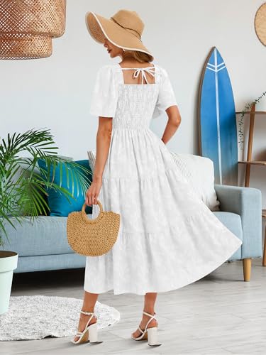 Image of Women's Summer Dresses 2025 Casual Maxi Dresses Boho Floral Short Sleeves Square Neck Beach Vacation with Pockets