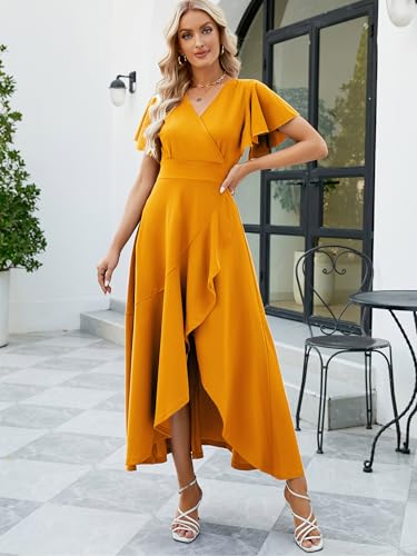 Image of Long Black Formal Dresses for Women Gowns Evening Party Cocktail Dress,Split Elegant V Neck Wrap Ruffle Wedding Guest Dresses