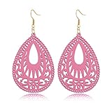 Handmade Bohemian Geometric Wood Earrings for Women Vintage Bohemian African Nature Wooden Earrings Lightweight Hollow Teardrop Ethnic Fashion Statement Earring (Pink)