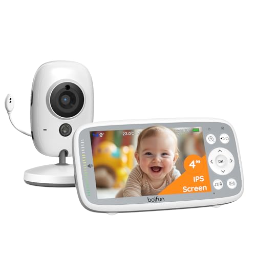 BOIFUN 720P Babyphone Camera sans WiFi, Écran IPS de 4 Pouces, Zoom 3X, Vision Nocturne Infrarouge Invisible, Détection de Température, Visualisation Sonore, VOX