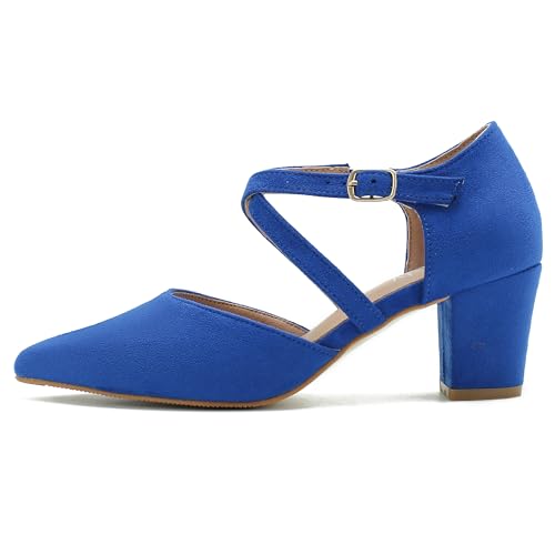 Women's Pointed Toe Pumps, Cross-Strap, Block Heel Dress Shoes Suede Royal Blue 46 - US 11 by Peijely - Used condition - Image 6
