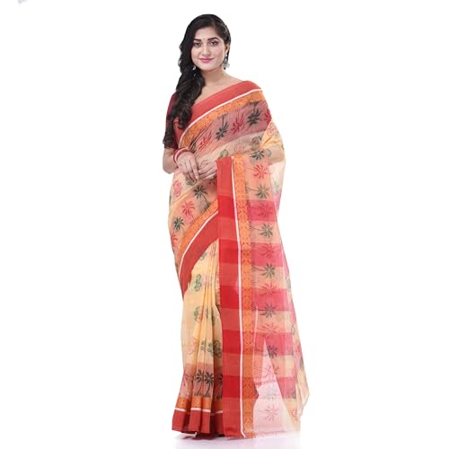 Image of dB DESH BIDESH Women`s Bengal Tant Tree Print Design Pure Handloom Cotton Saree Without Blouse Piece