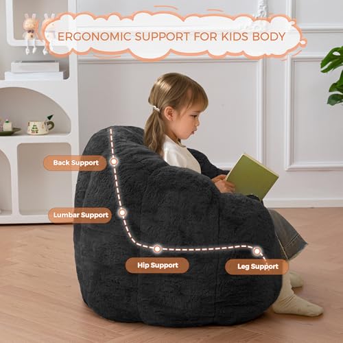 Image of MAXYOYO Kids Bean Bag Chair, Floral Shaped Bean Bag Sofa, Plush Faux Fur Toddler Couch with Petal Backrest for Boys Girls, Stuffed Cozy Sofa for Nursery, Bedroom, Black