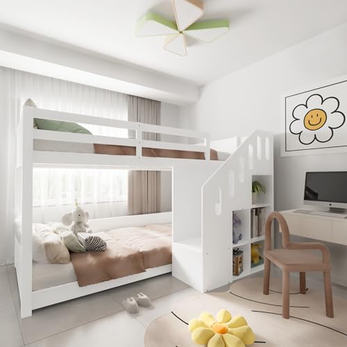 Dolamaní Hochbett Etagenbett 2 Kinder 90x200 cm mit Treppe, Kinderbett Mit & Schließfächern & Rausfallschutz, Kinderzimmer kinderhochbett, Stockbett für Mädchen Junge, Weiß