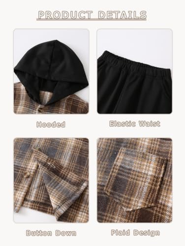 Image of 2Pcs Kids Boys Flannel Plaid Shirt Tops Pants Set Hoodie Sweatsuit for Fall Winter Spring Outfits 4-12 Years
