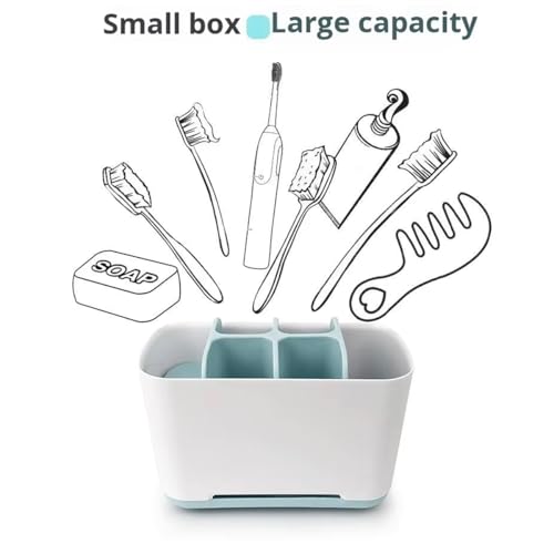 Image of LUXART Toothbrush Holder | Multipurpose Bathroom Organizer with Drainage System | 17.5 x 9 x 11.5 cm White & Blue Large Capacity Caddy for Electric Toothbrushes Toothpaste and Skincare Accessories