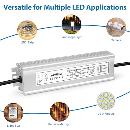 Image of LED Driver 60W 24V Power Supply, IP67 Waterproof Low Voltage Transformer, AC 90-265V to DC 24V 2.5A Converter for Outdoor Landscape Lighting and LED Strip Lights, with 3-Prong Plug 3.3FT Cable