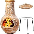 Wiosi Medium Chiminea Outdoor Fireplace Clay Chimineas with Chimney Rain Lids and Solid Metal Stands - Yellow Terracotta Chimenea - Rustic Fire Pit Chimnea 16 x 16 x 32-inch