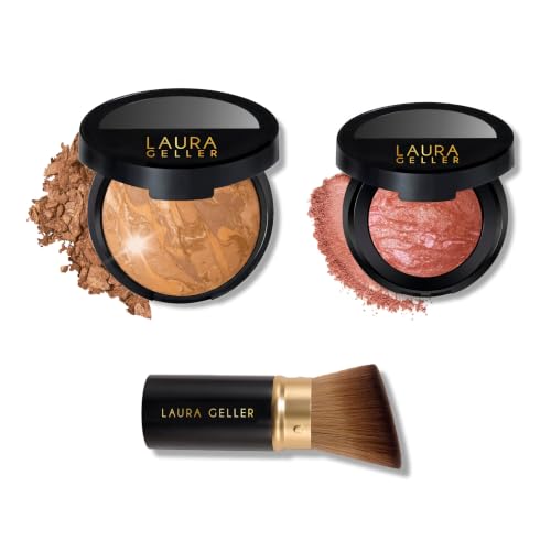 LAURA GELLER Blush n Glow Kit: Baked Balance n Glow, Sand + Retractable Kabuki Brush + Blush n Brighten, Pink Grapefruit
